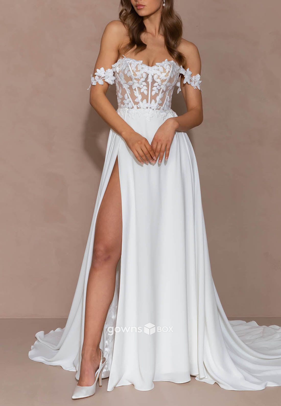 Off-Shoulder High Slit Sweetheart Court Train A-Line Low Back Wedding Dresses-GownsBox