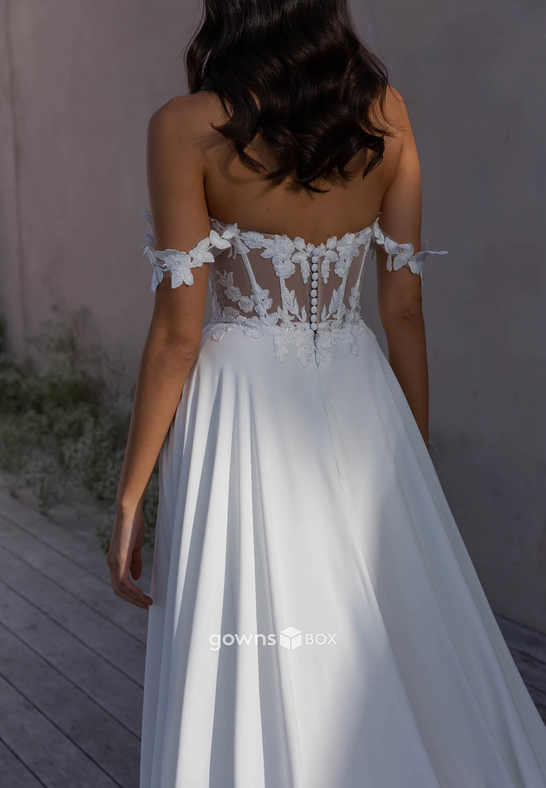 Off-Shoulder High Slit Sweetheart Court Train A-Line Low Back Wedding Dresses-GownsBox