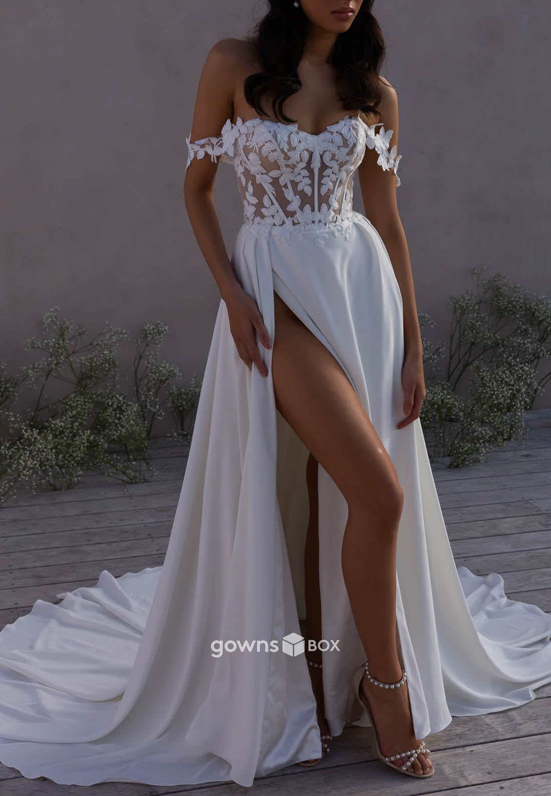 Off-Shoulder High Slit Sweetheart Court Train A-Line Low Back Wedding Dresses-GownsBox
