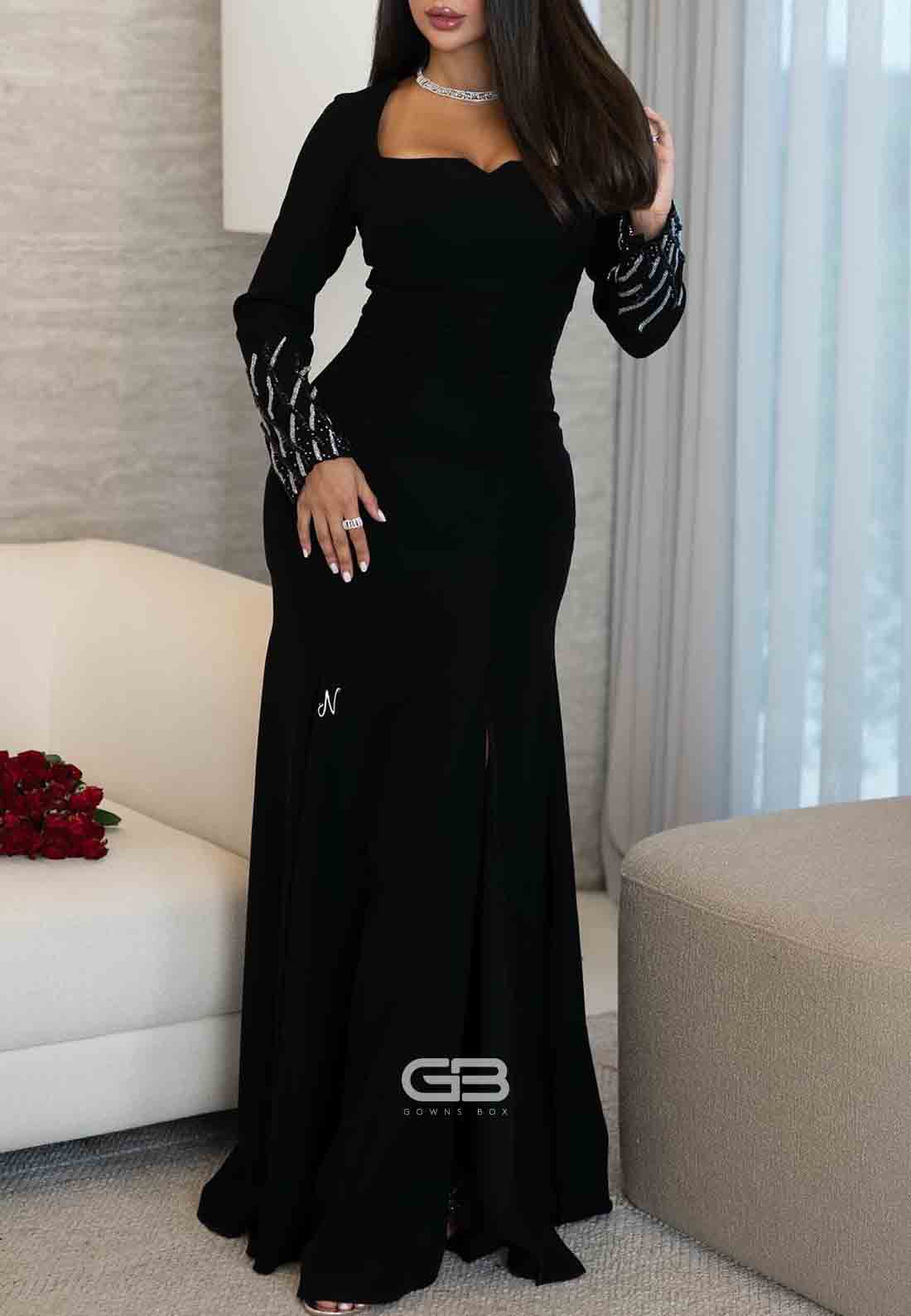 Black Long Sleeves Trumpet Floor-Length High Slit Evening Gowns
