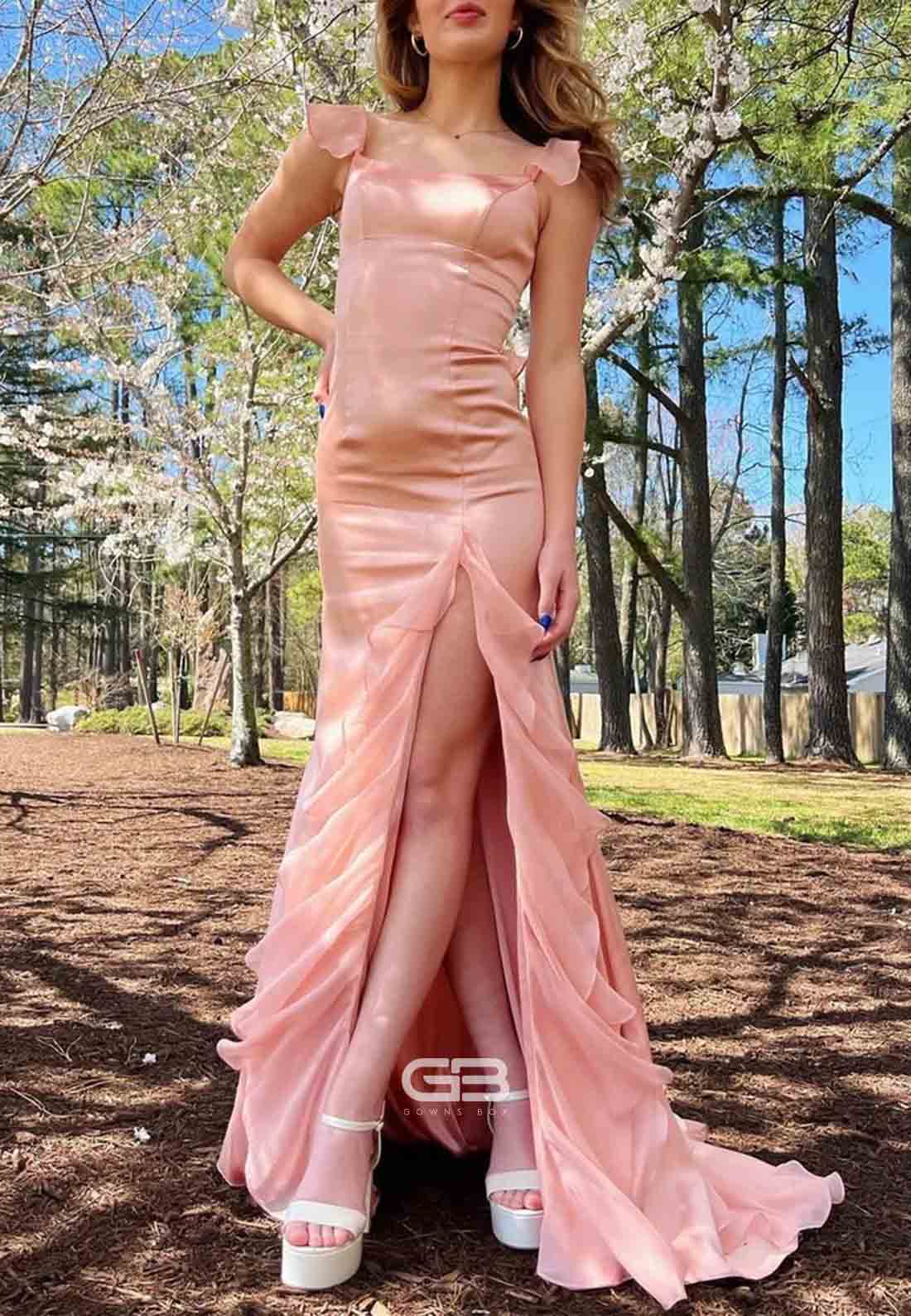 Emerald Cap Straps Square Neck Tie Back Ruffle Prom Dresses with High Slit