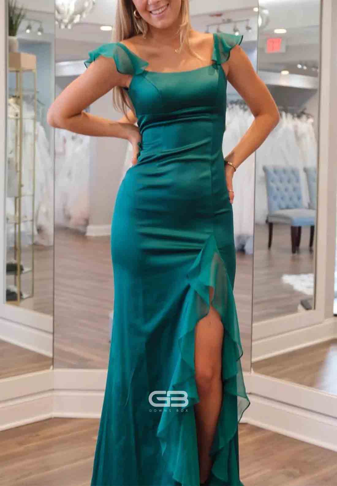 Emerald Cap Straps Square Neck Tie Back Ruffle Prom Dresses with High Slit