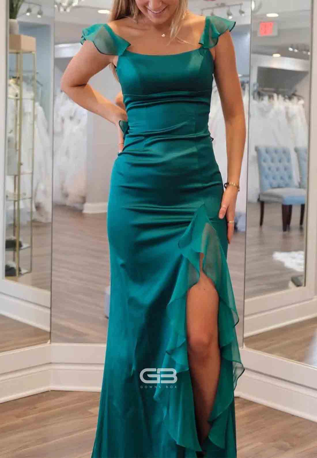 Emerald Cap Straps Square Neck Tie Back Ruffle Prom Dresses with High Slit