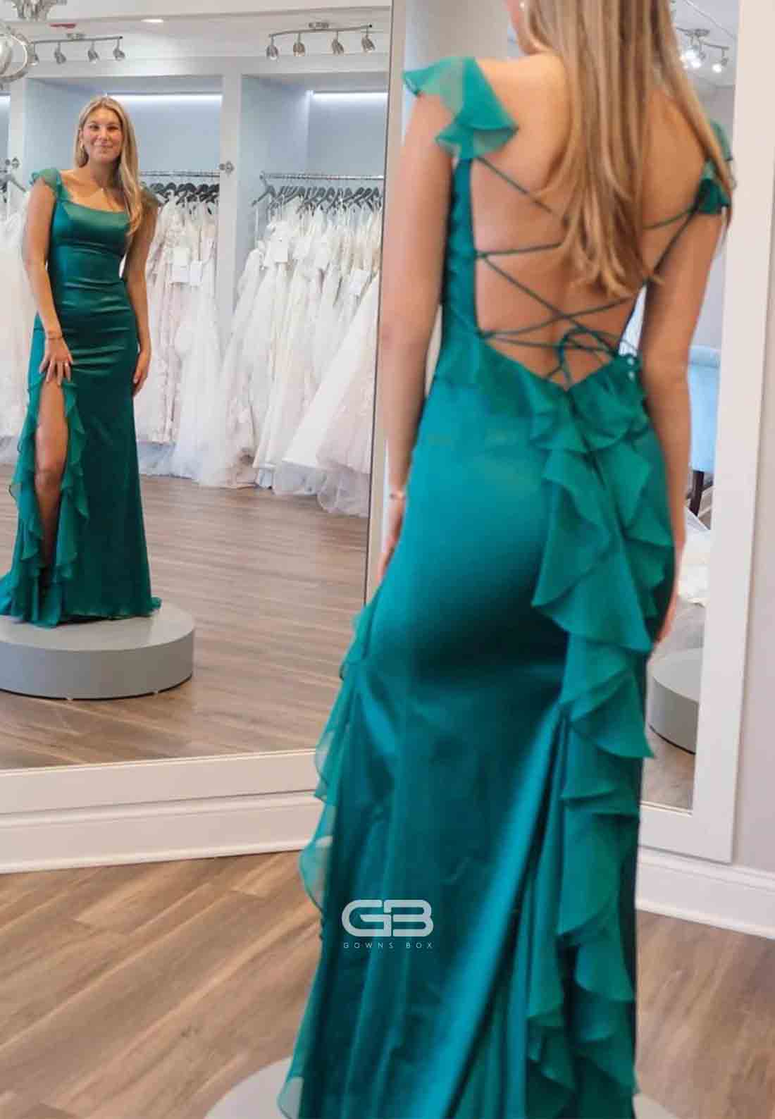 Emerald Cap Straps Square Neck Tie Back Ruffle Prom Dresses with High Slit