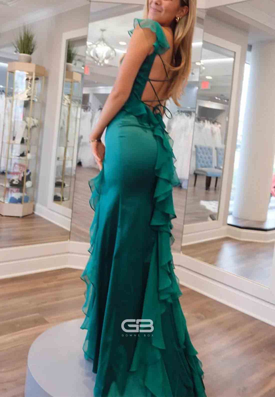 Emerald Cap Straps Square Neck Tie Back Ruffle Prom Dresses with High Slit