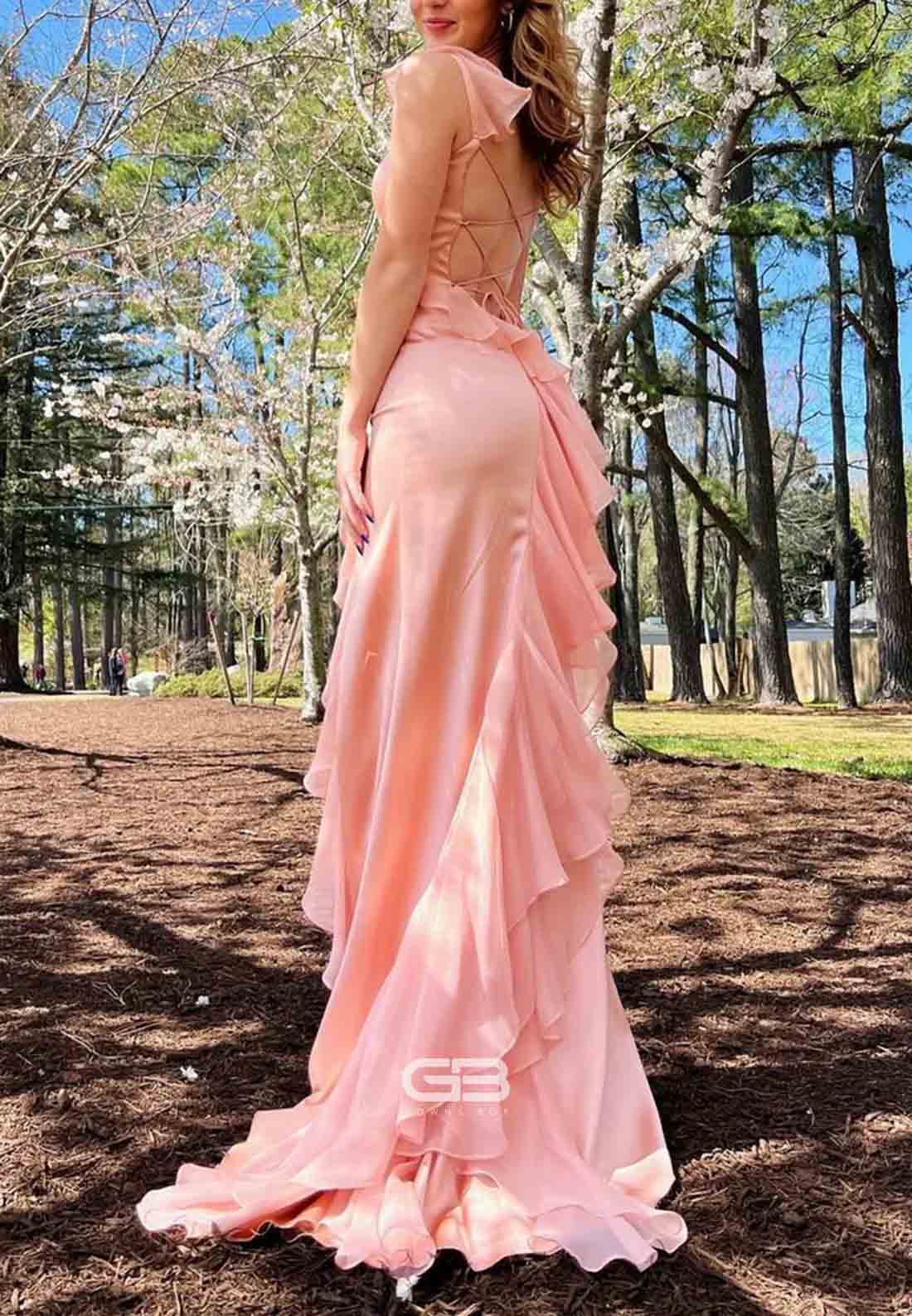 Emerald Cap Straps Square Neck Tie Back Ruffle Prom Dresses with High Slit