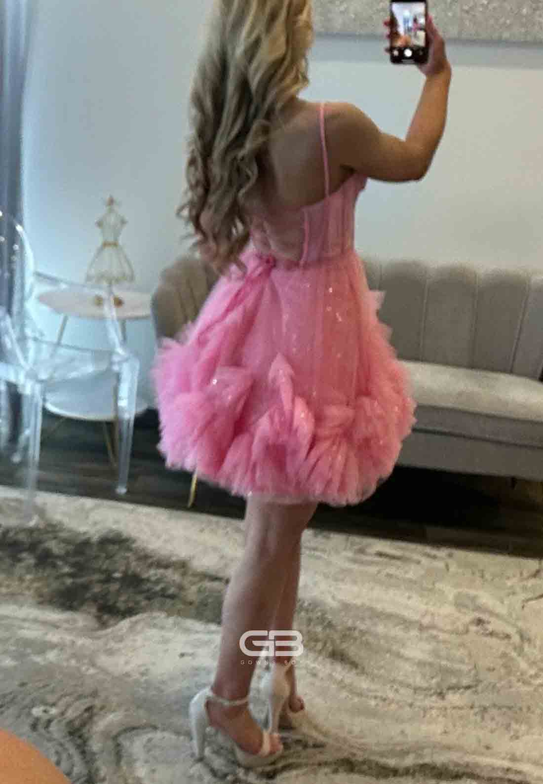 Pink Spaghetti Straps Crisscross Back Organza Corset Short Homecoming Dress