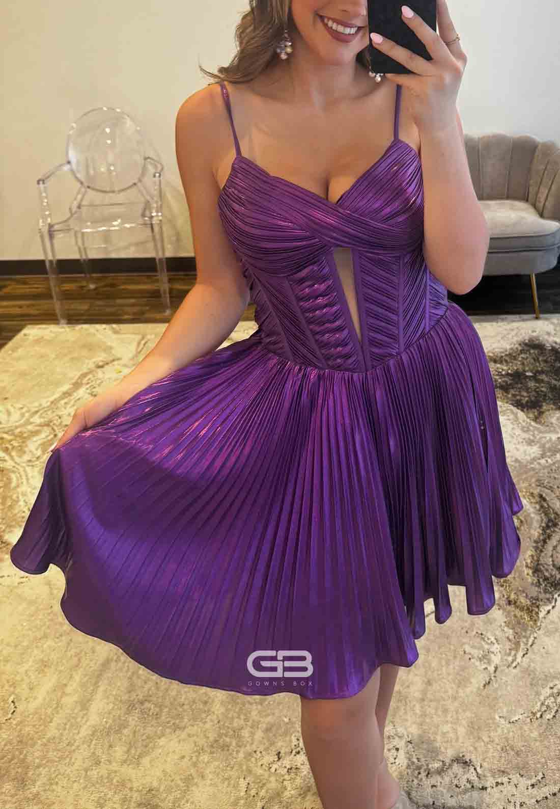 Purple Spaghetti Straps A-Line Tie Back Short Homecoming Dress with Ruffles