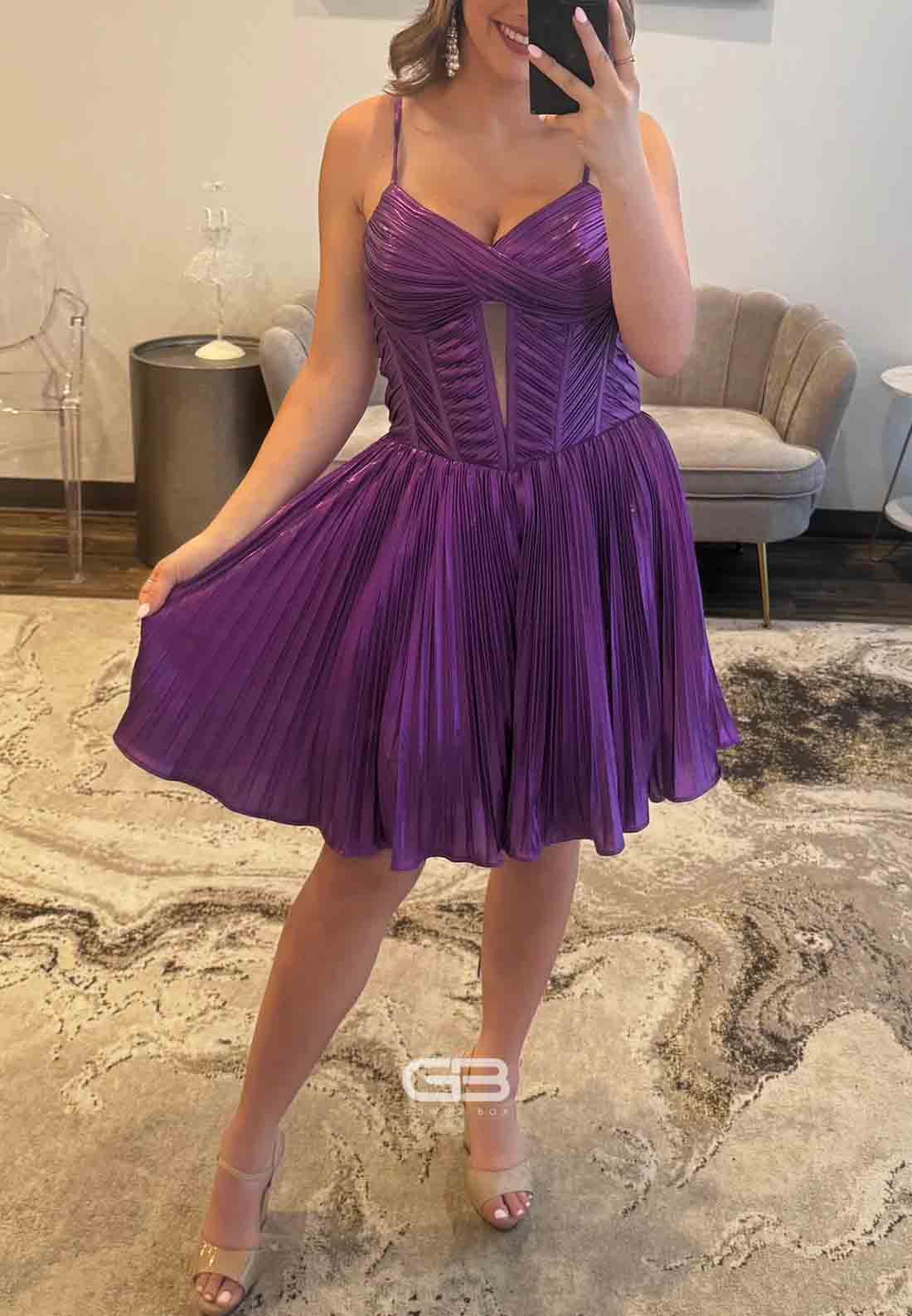 Purple Spaghetti Straps A-Line Tie Back Short Homecoming Dress with Ruffles
