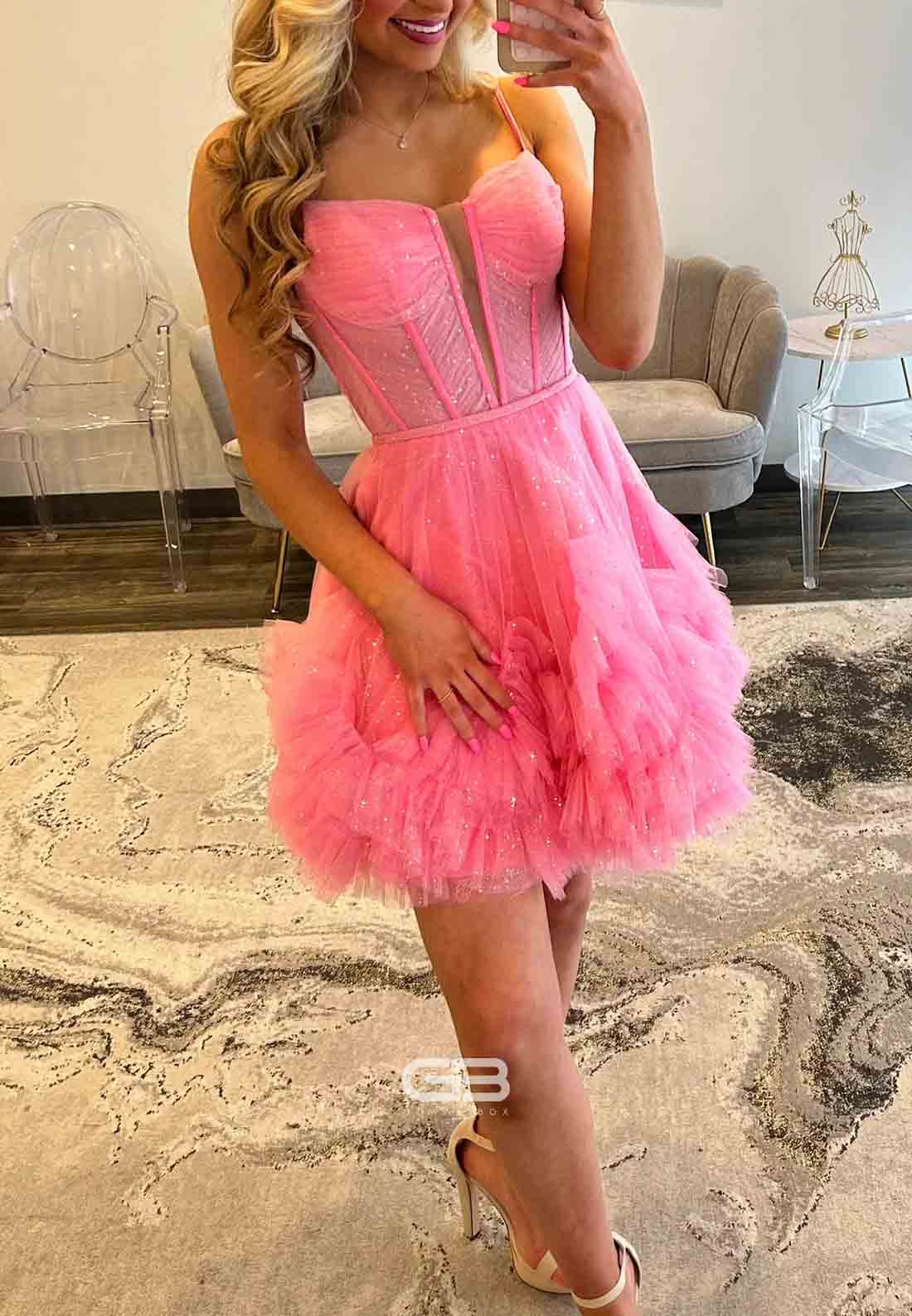 Pink Spaghetti Straps Crisscross Back Organza Corset Short Homecoming Dress