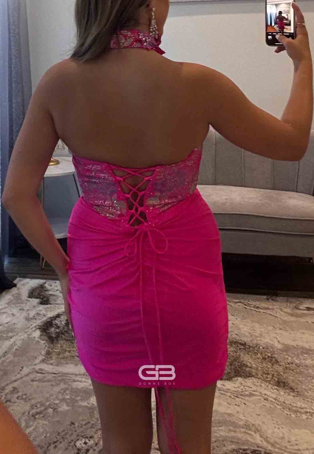 Halter Fuchsia Strapless Sweetheart Sheath Short Homecoming Dress with Beading