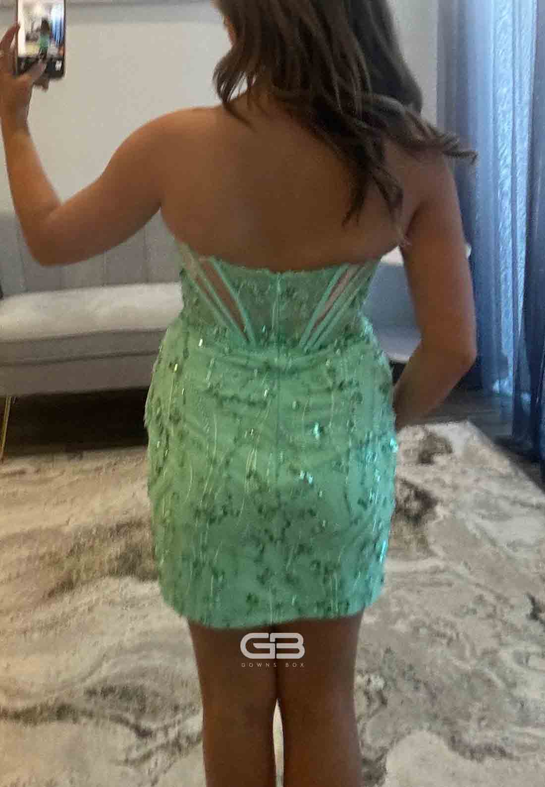 Turquoise Strapless Low Back Sheath Short Homecoming Dress with Beading