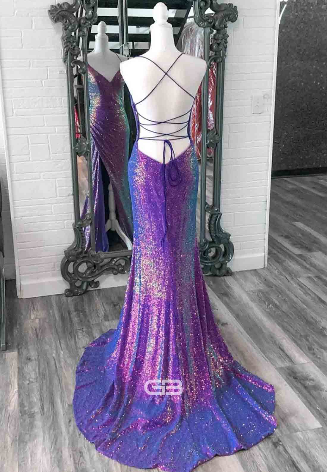 Purple Iridescent Sequins V Neck Lace-Up Mermaid Long Prom Dress with Slit 