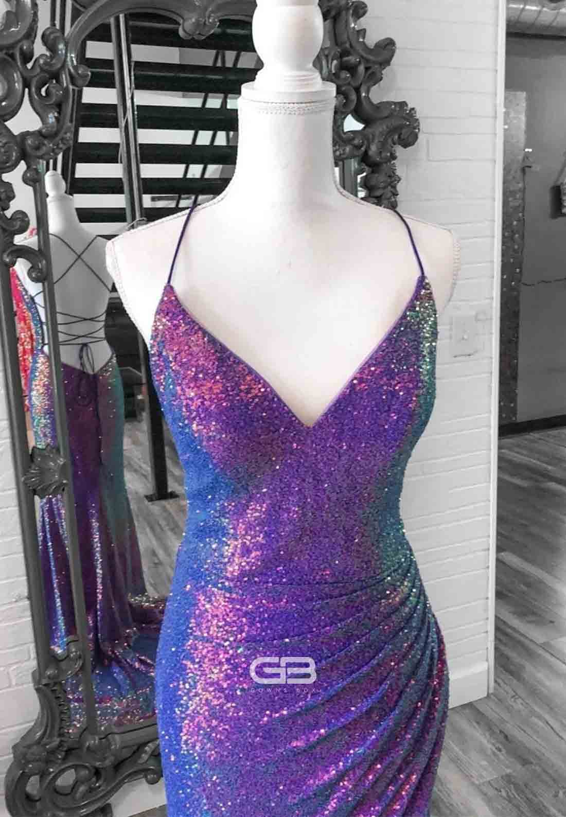 Purple Iridescent Sequins V Neck Lace-Up Mermaid Long Prom Dress with Slit 