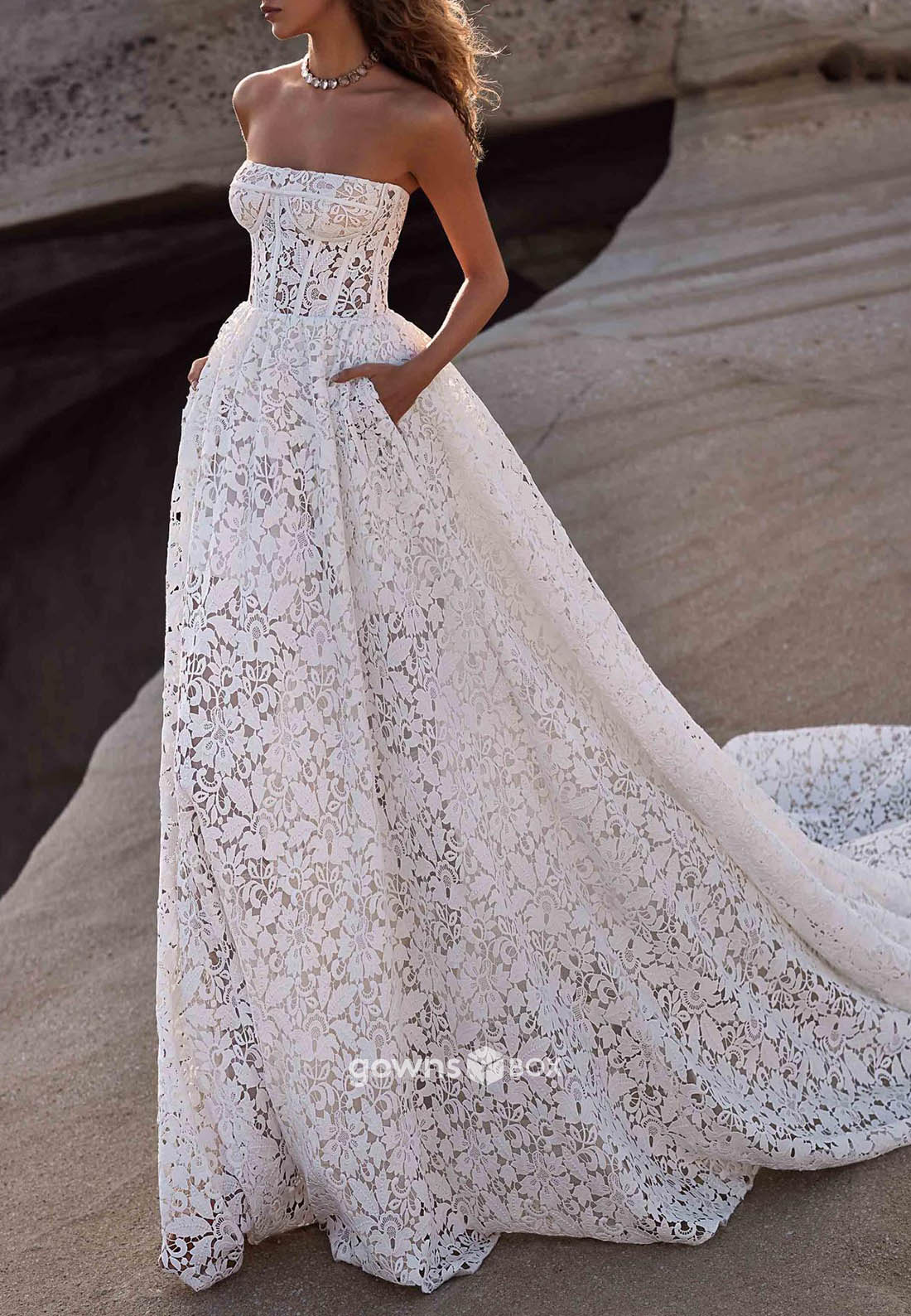 Lace Strapless Crisscross Back Court Train Sleeveless Flowers Beach Wedding Dresses-GownsBox