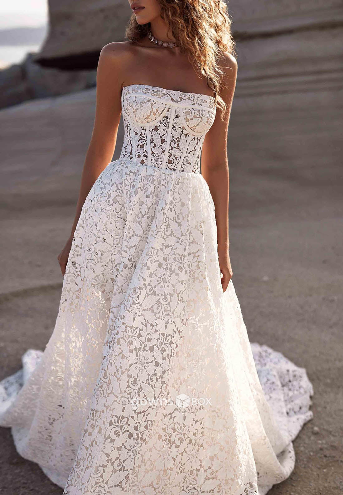 Lace Strapless Crisscross Back Court Train Sleeveless Flowers Beach Wedding Dresses-GownsBox