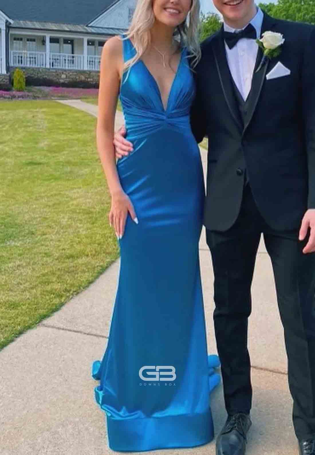Low V-Neck Plunge Satin Blue Satin Ruched Mermaid Prom Dress