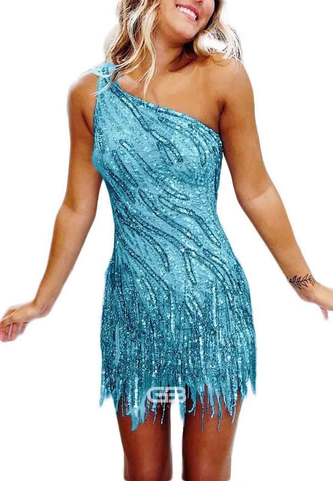 Gorgeous A-Line One Shoulder Blue Printed Short Homecoming Dress with 