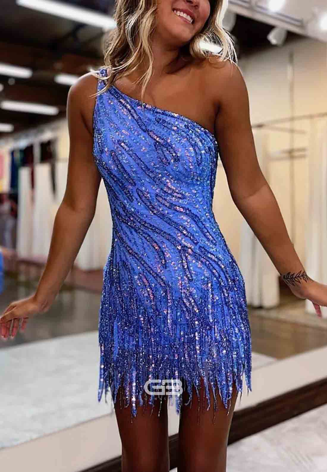 Gorgeous One Shoulder Tassel Sheath Short Homecoming Dress with Beading