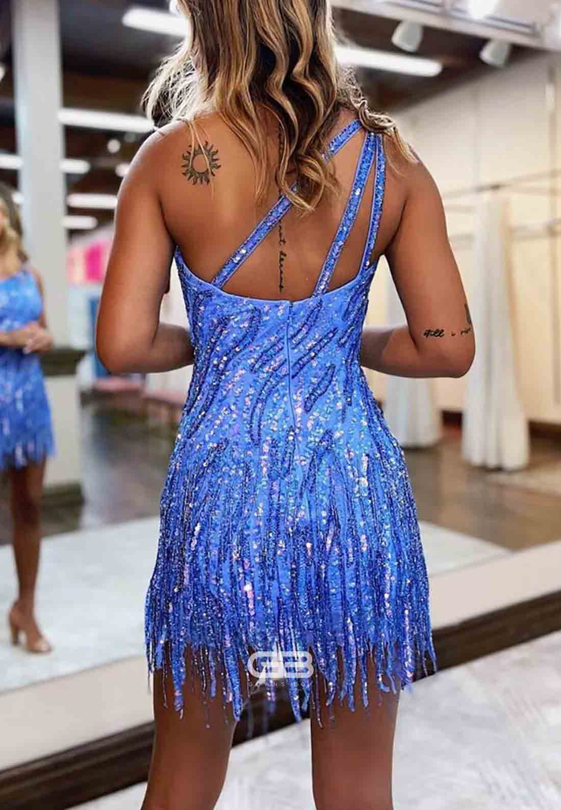 Gorgeous One Shoulder Tassel Sheath Short Homecoming Dress with Beading