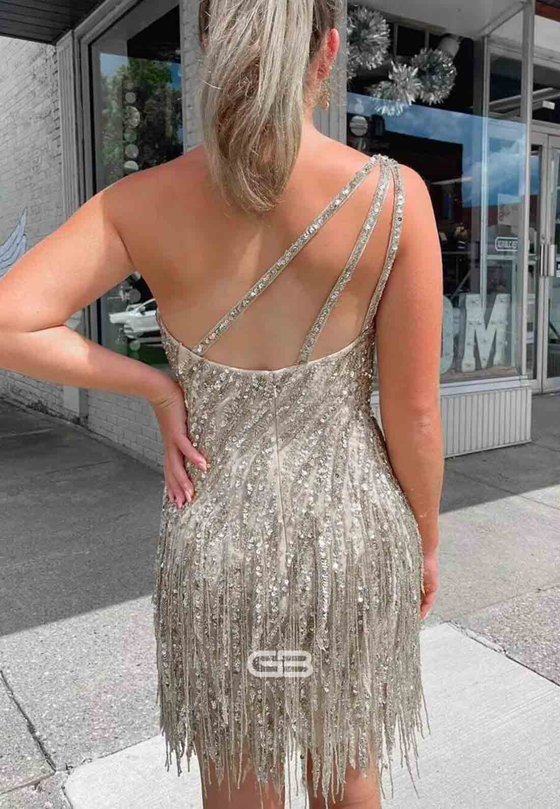 Gorgeous One Shoulder Tassel Sheath Short Homecoming Dress with Beading