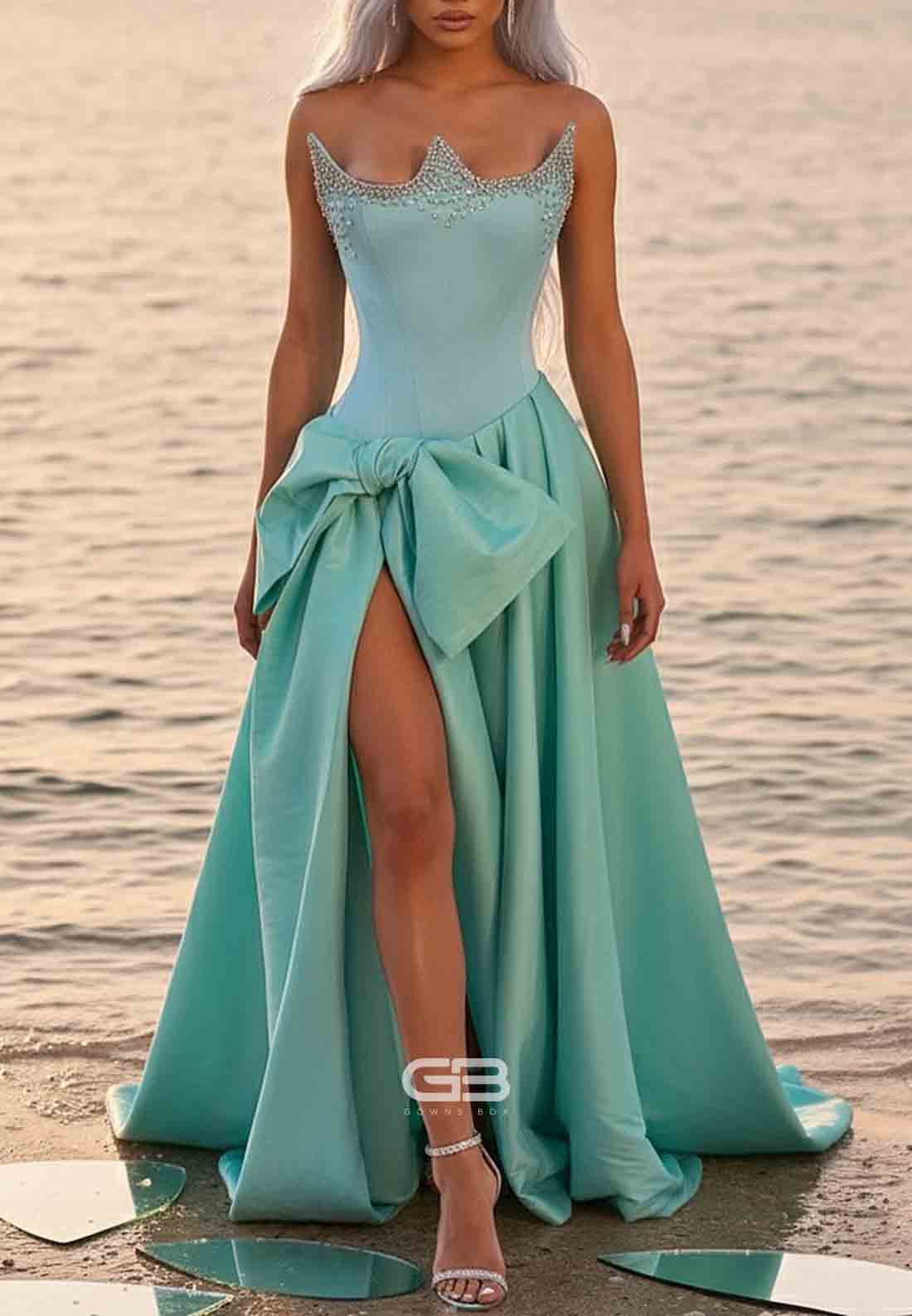 Satin A-Line Strapless Prom Dresses with High Slit and Bowknot
