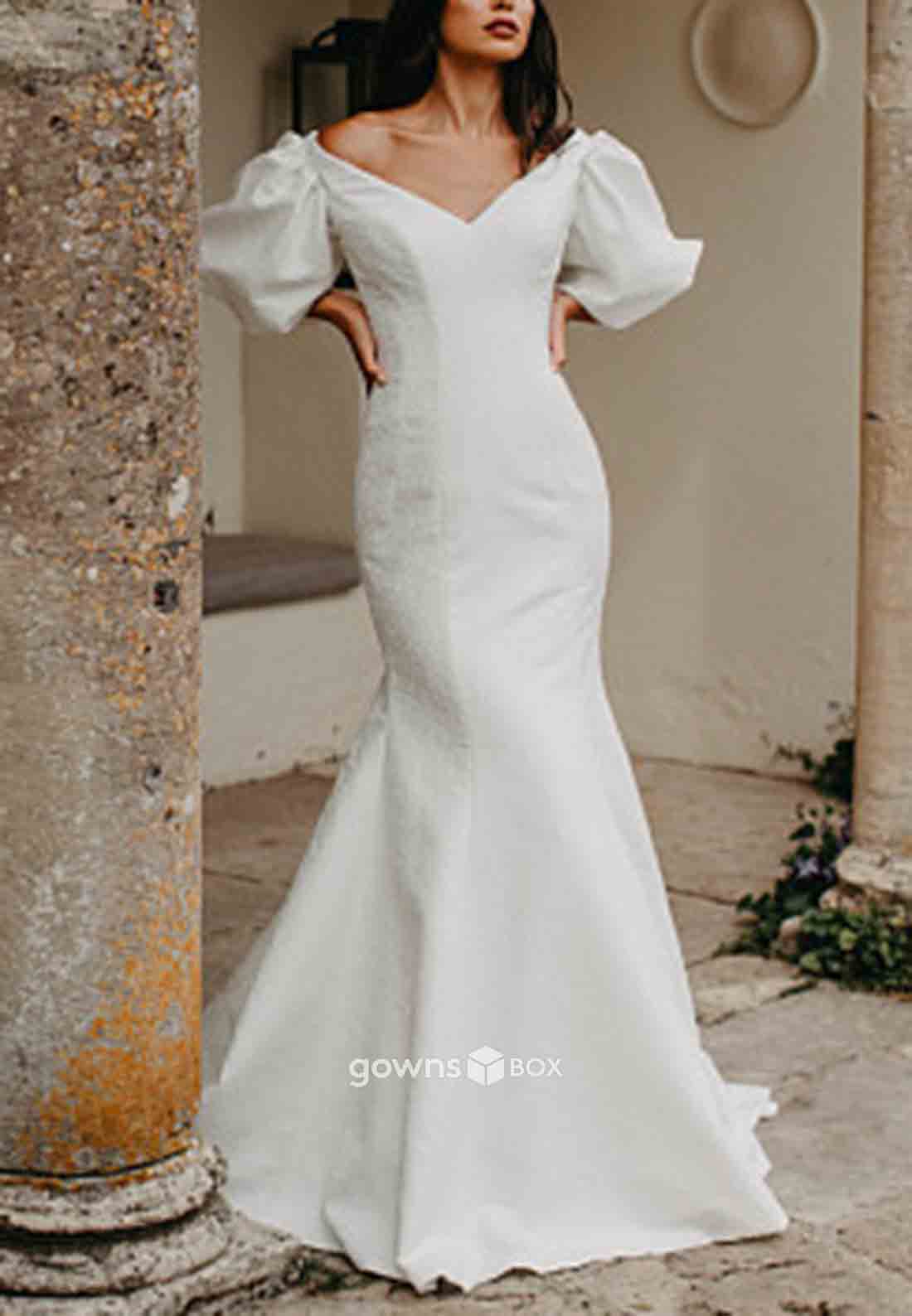 V-Neck Floor-Length Trumpet Half Sleeves Pleated Wedding Dresses-GownsBox