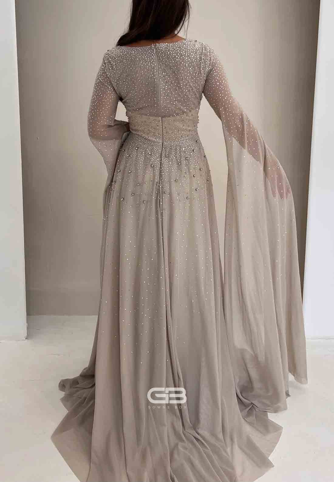V-Neck A-Line Floor-Length with Beading and Rhinestone