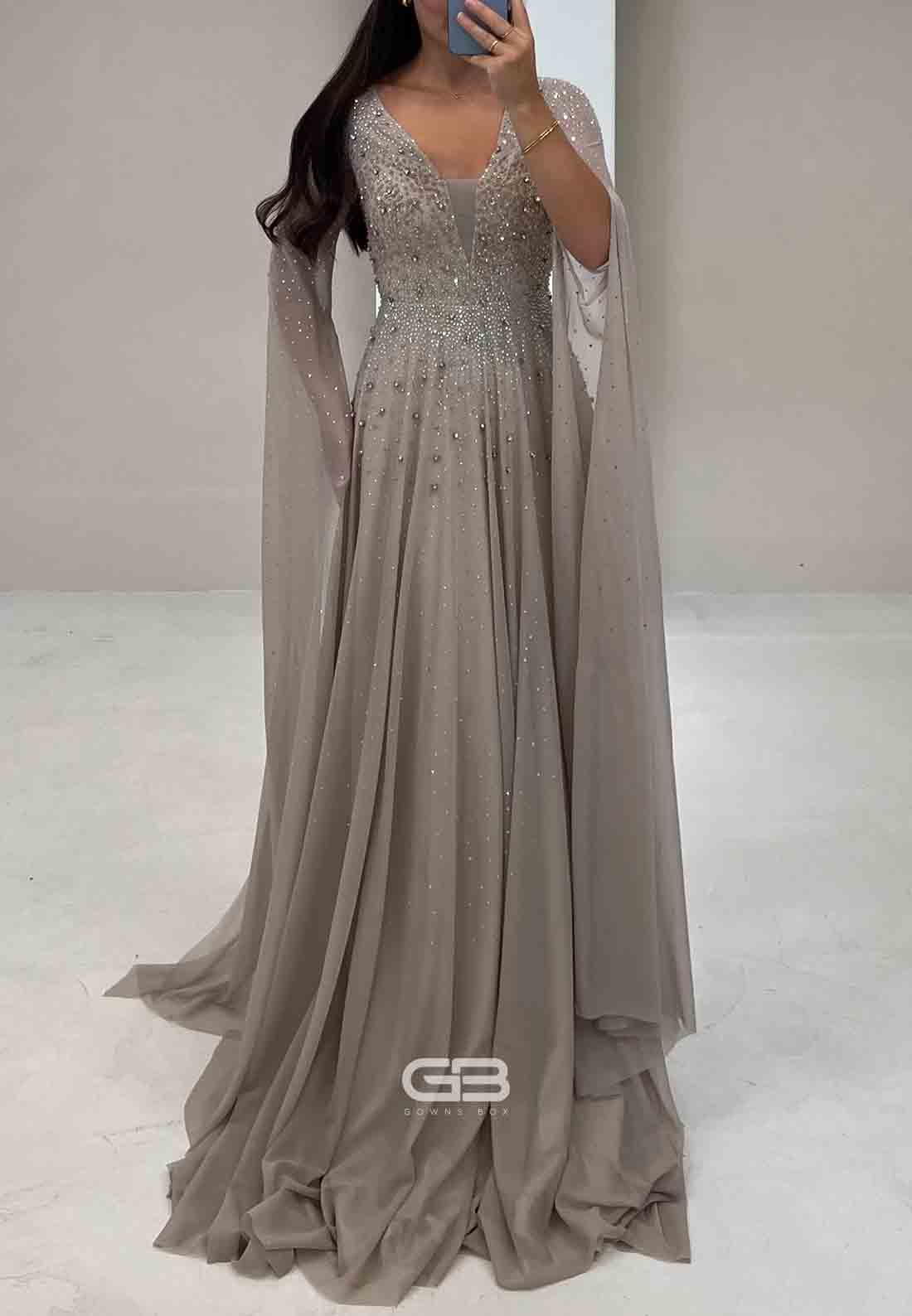 V-Neck A-Line Floor-Length with Beading and Rhinestone