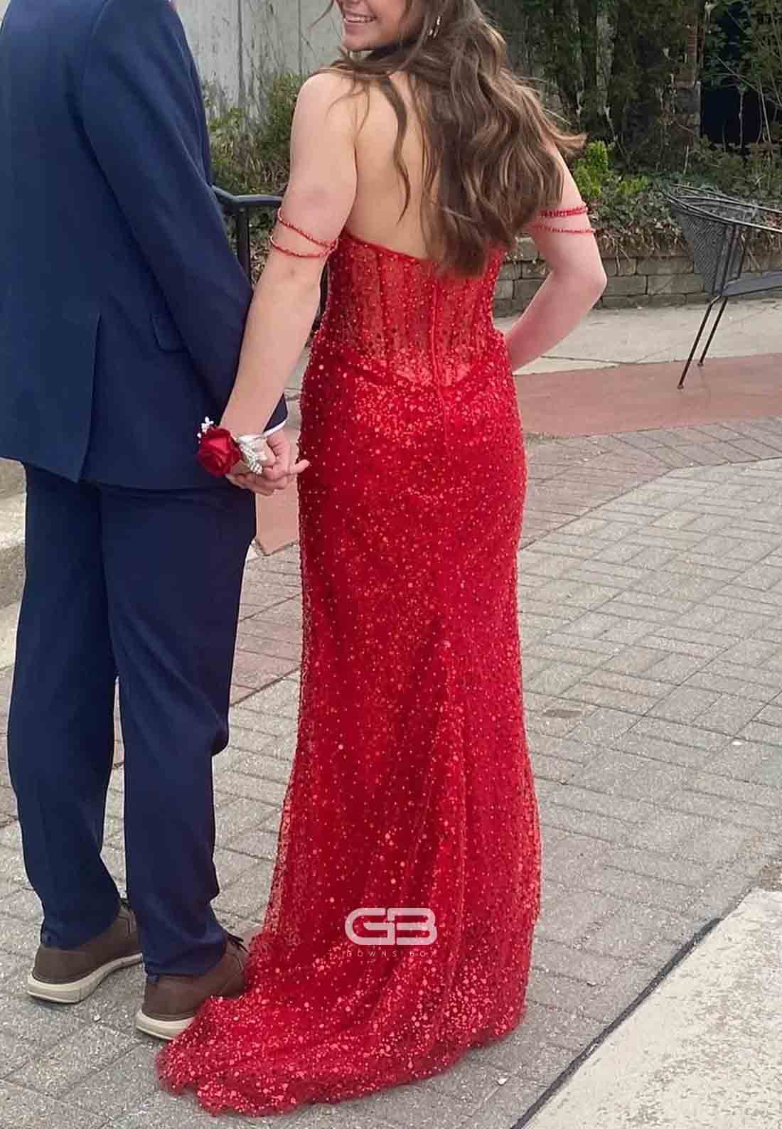 Beaded Straps Red Sequin Mermaid Long Dress