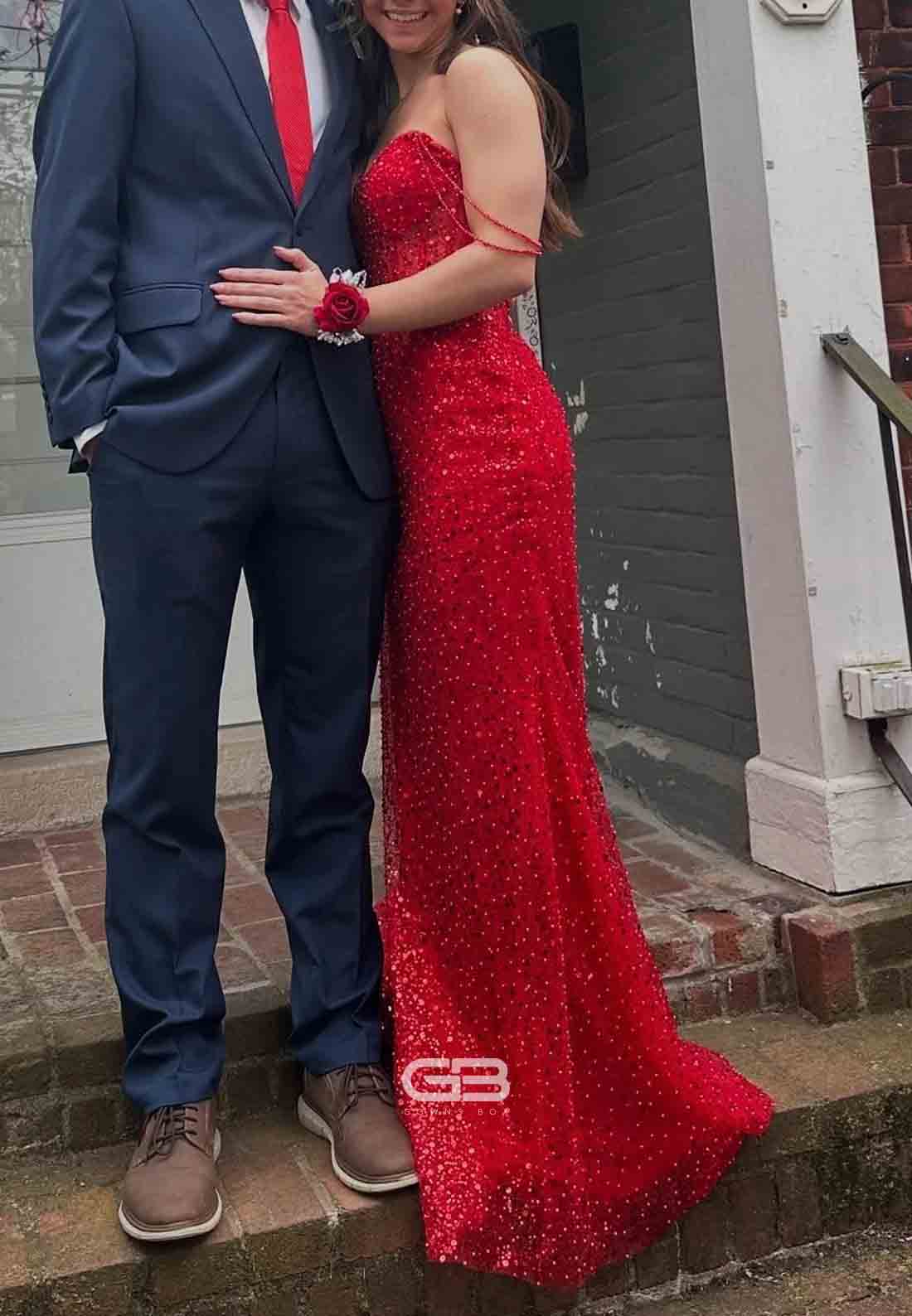 Beaded Straps Red Sequin Mermaid Long Dress