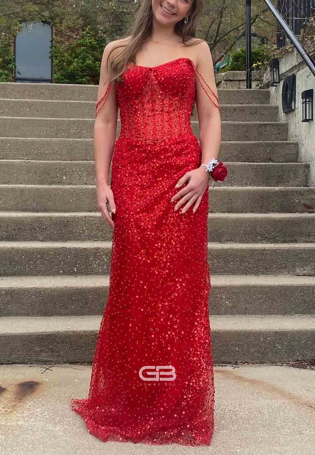 Beaded Straps Red Sequin Mermaid Long Dress