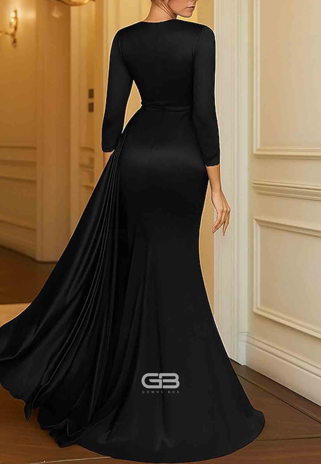 3/4 Sleeve Scoop Side Draping Black Tie Column Trumpet Evening Gowns