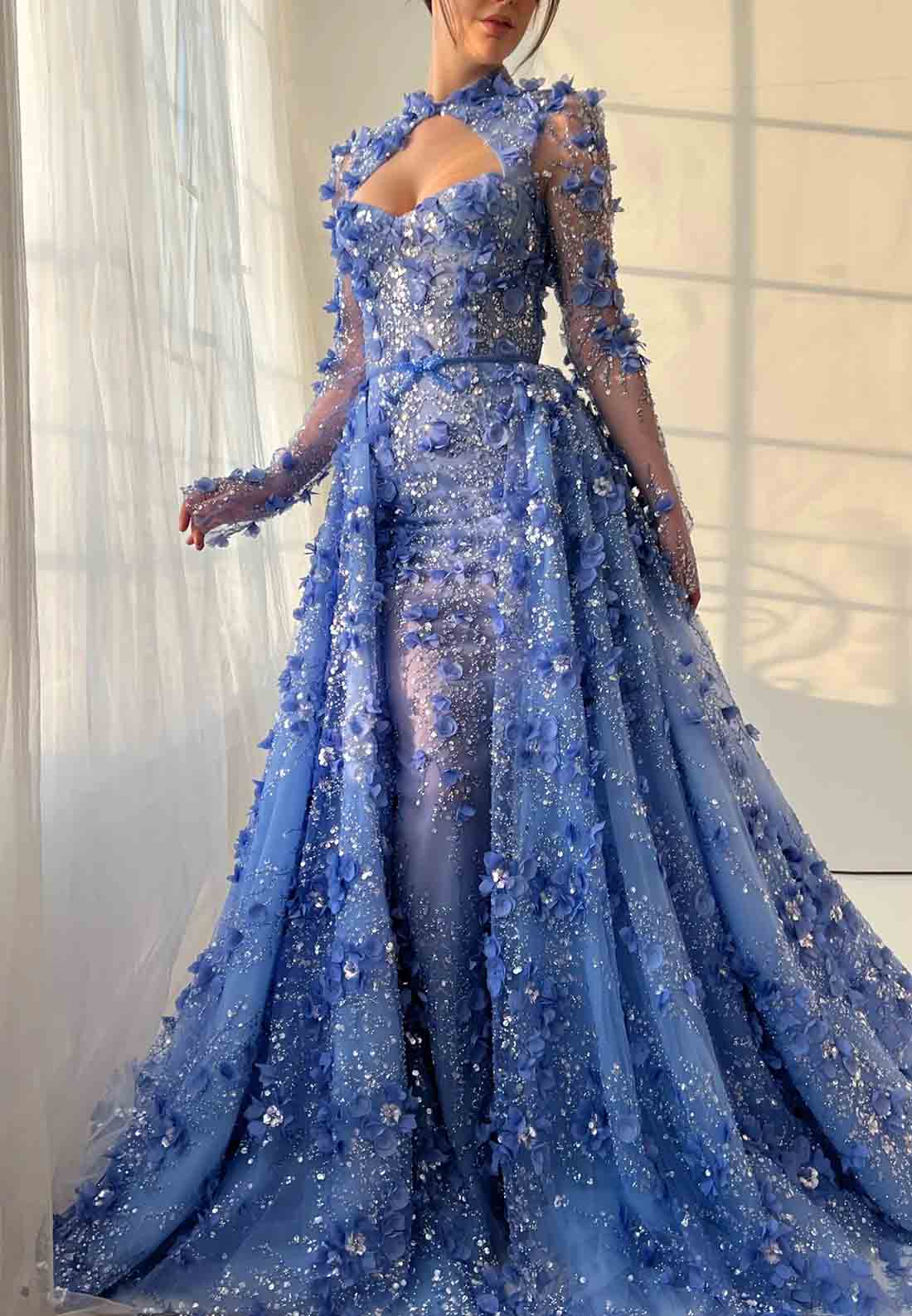 Royal Blue A-Line Long Sleeves Evening Gown with Overskirt and Embroidery