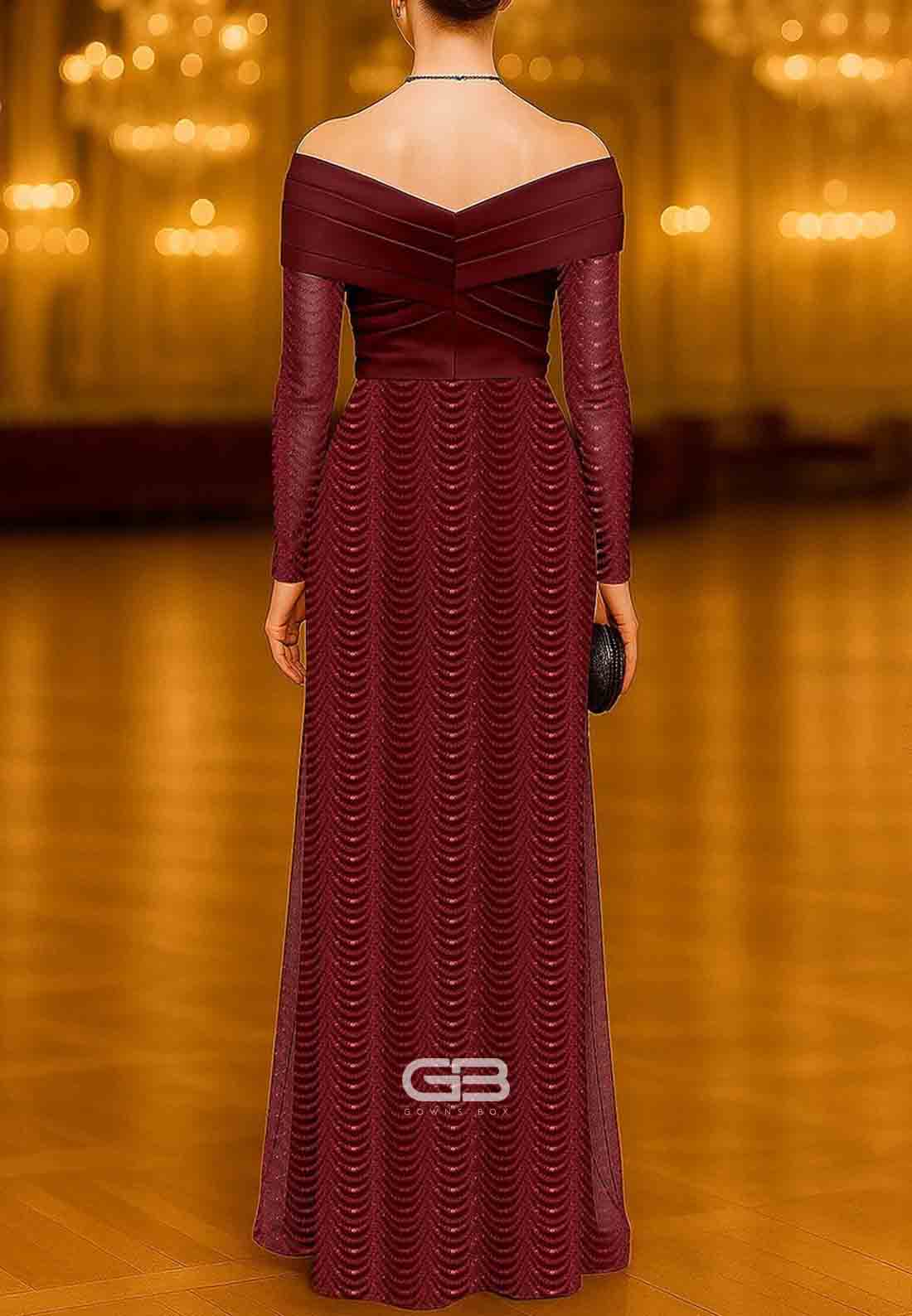 Burgundy Long Sleeve Column  Evening Gown