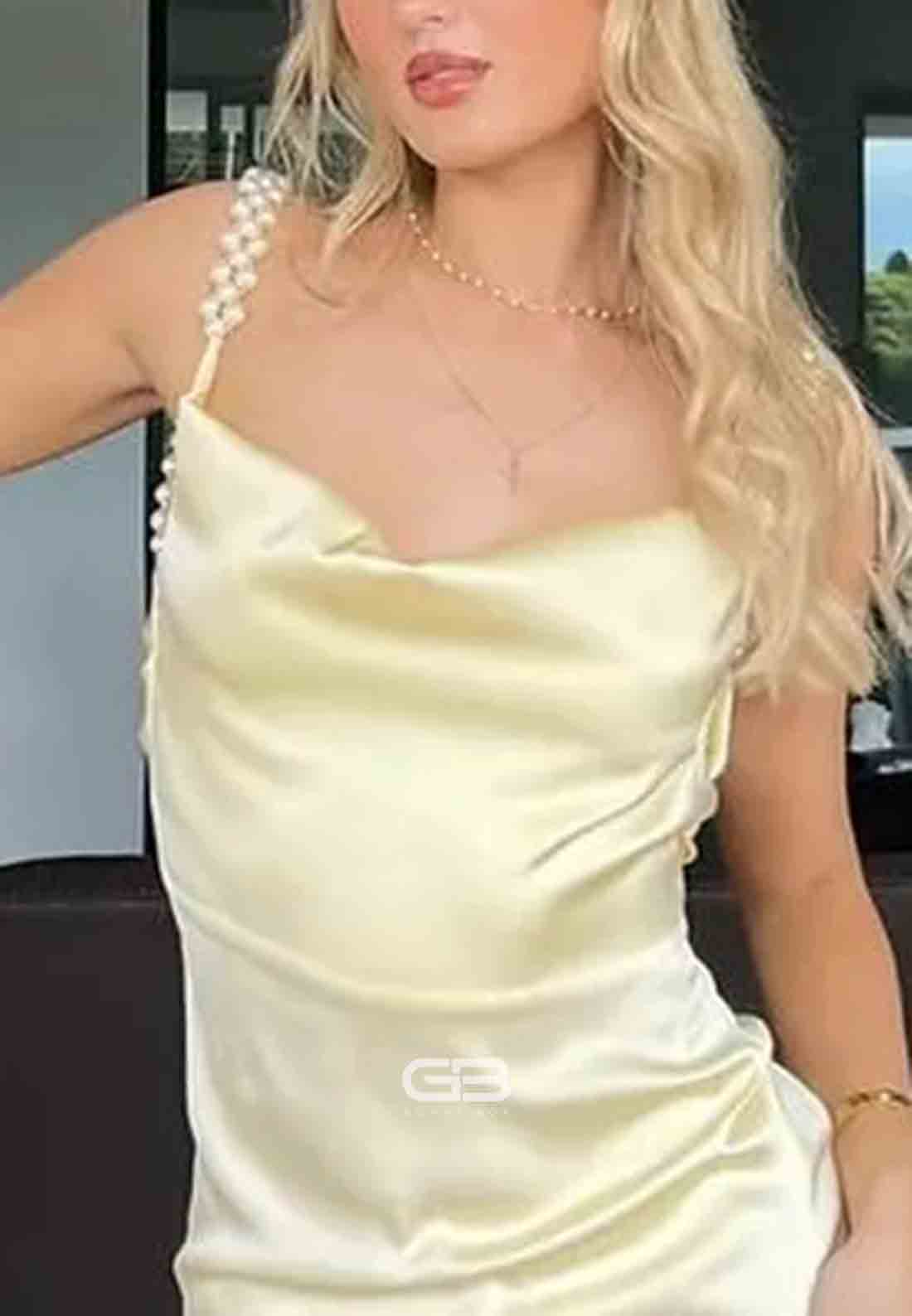 Charming Spaghetti Straps Sheath Yellow Long Party Dress with Pearl 