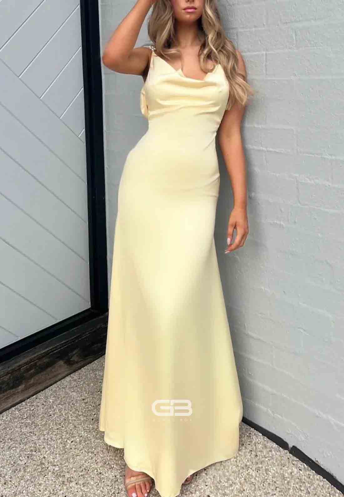 Charming Spaghetti Straps Sheath Yellow Long Party Dress with Pearl 