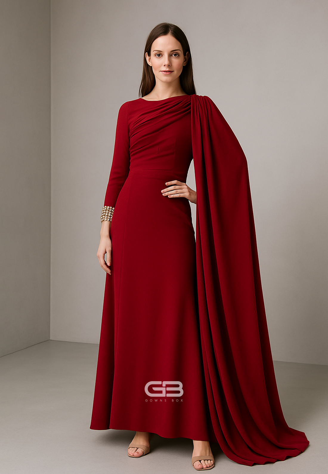 Side Draping Long Sleeves Formal Gowns A-Line Pleated Ankle-Length Evening Gowns 