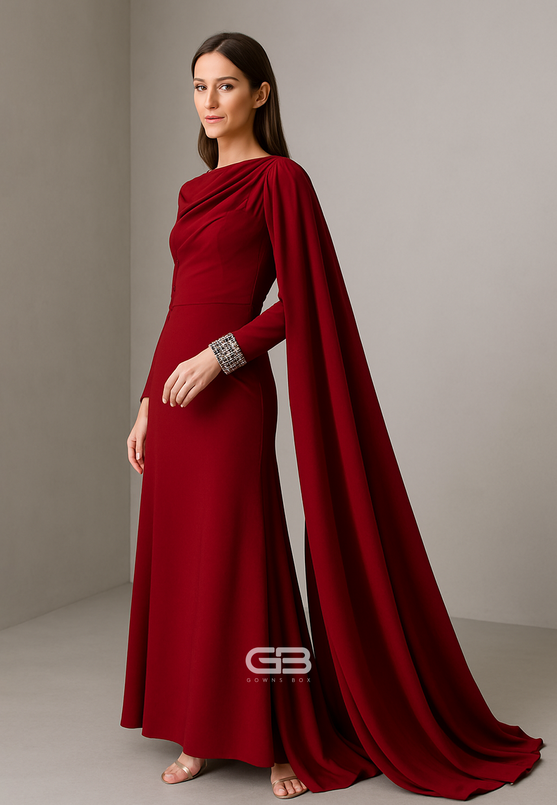 Side Draping Long Sleeves Formal Gowns A-Line Pleated Ankle-Length Evening Gowns 