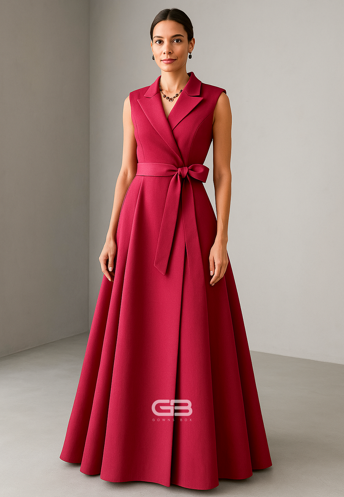 Red Sleeveless Floor-Length A-LineV-Neck Pleated Evening Gowns with Bowknot