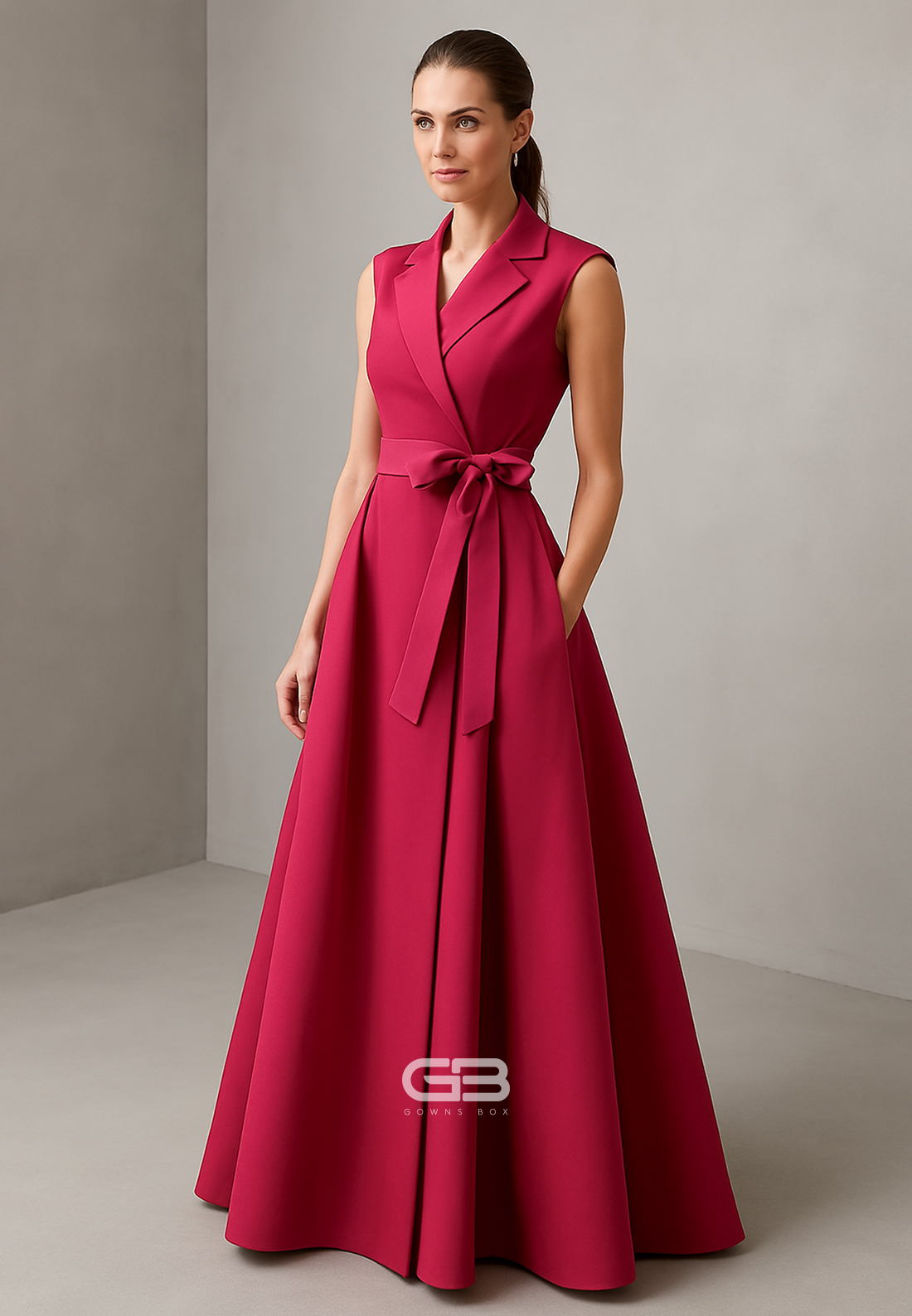 Red Sleeveless Floor-Length A-LineV-Neck Pleated Evening Gowns with Bowknot