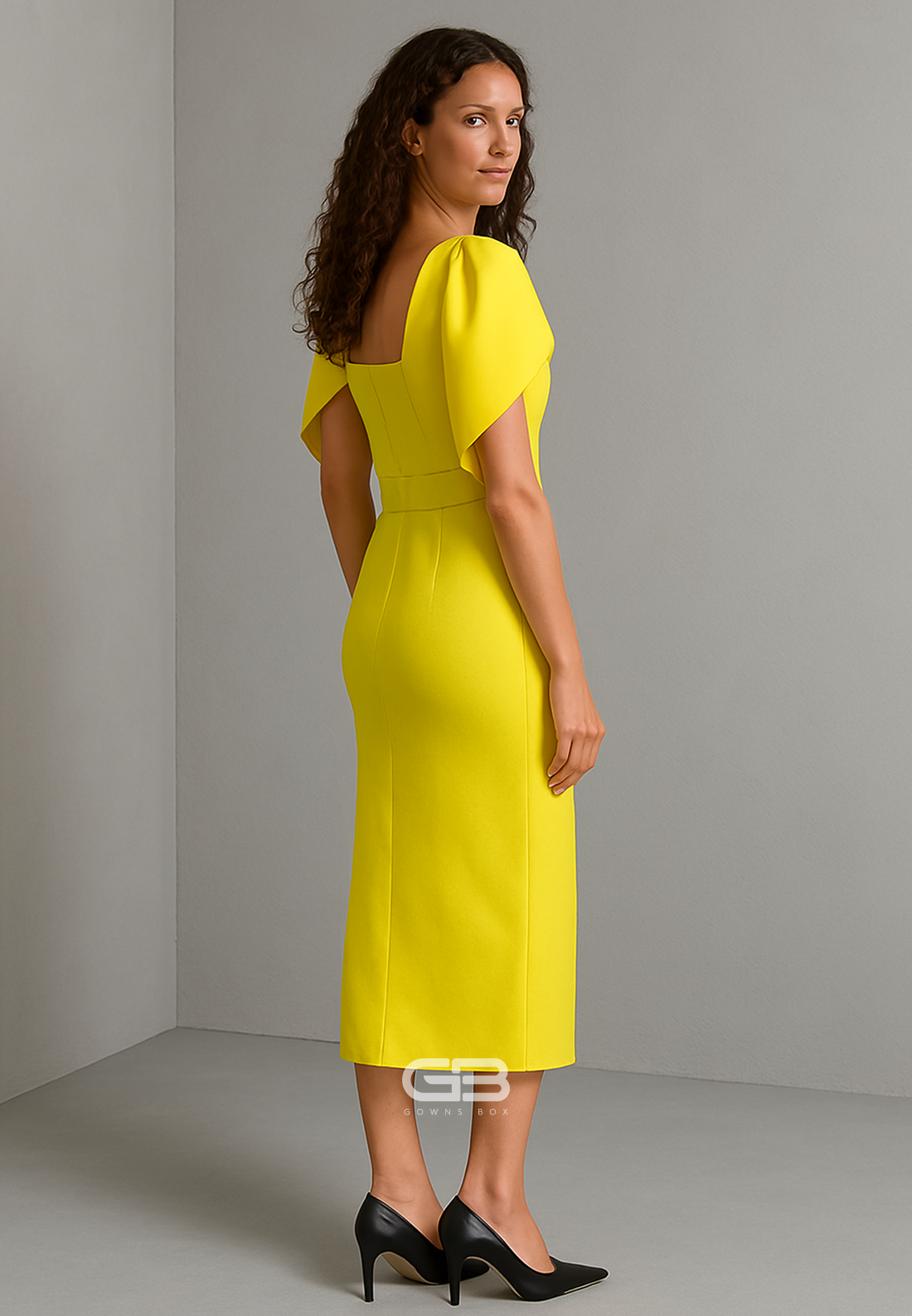 Simple Yellow Tea-Length Square Neck Pleated Short Sleeves Evening Gowns