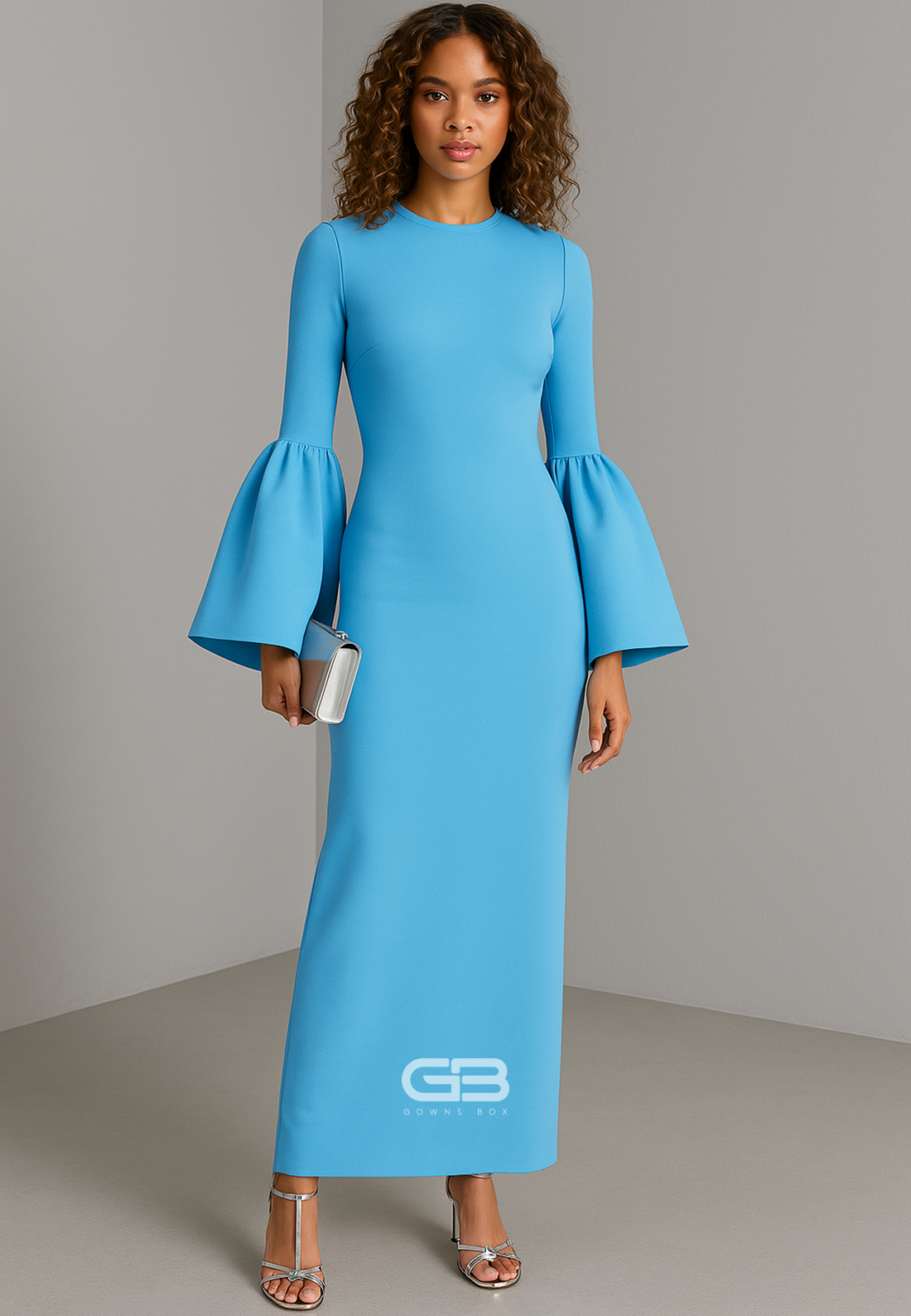 Simple Blue Scoop Column Bell Sleeves Ankle-Length Evening Gowns