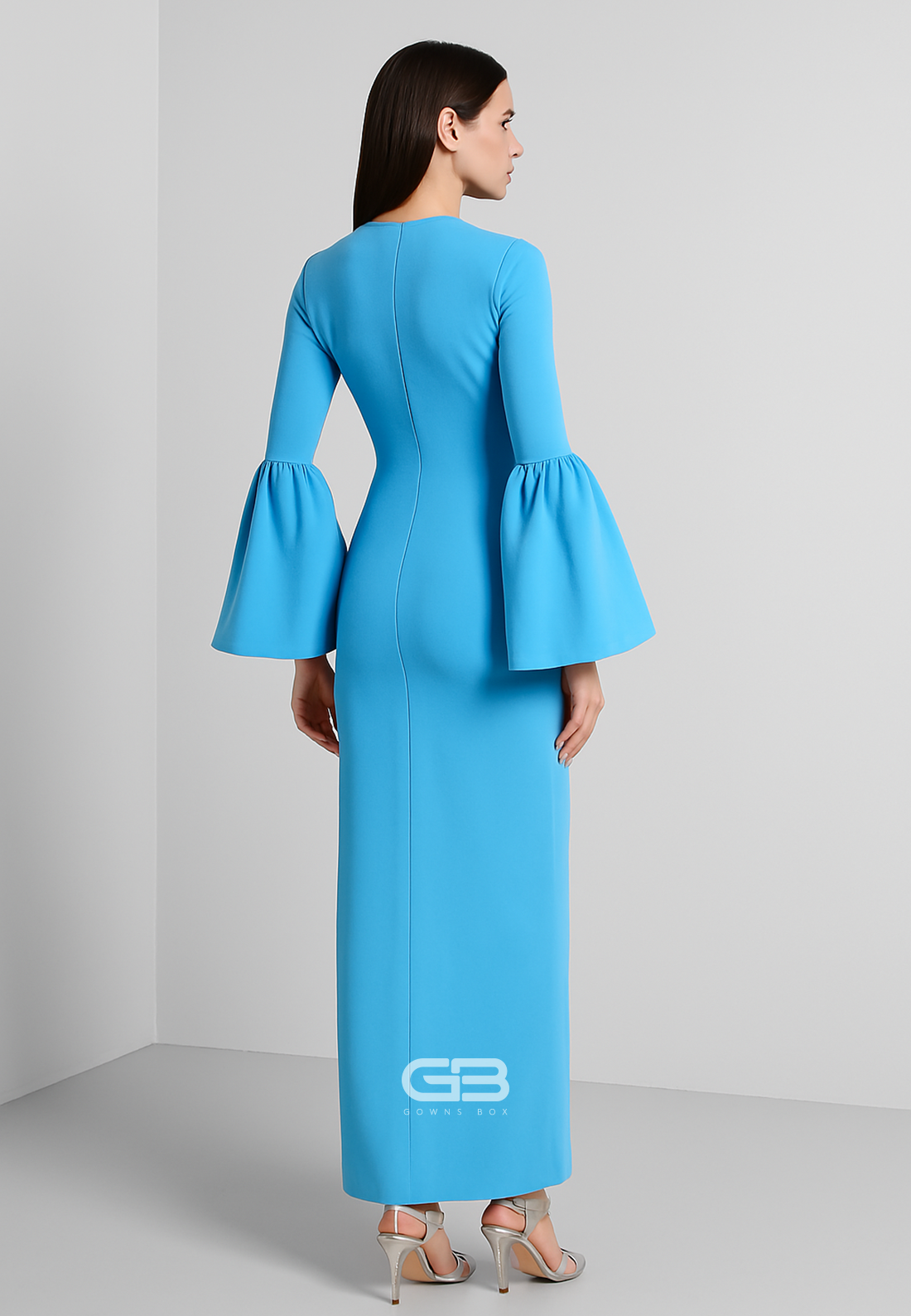 Simple Blue Scoop Column Bell Sleeves Ankle-Length Evening Gowns