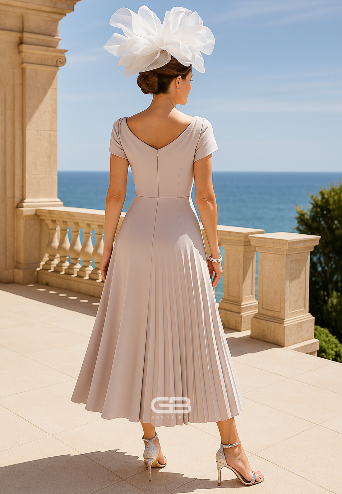 Cowl Neck A-Line Cap Sleeves Tea-Length Mother of the Bride Dress with Ruffles