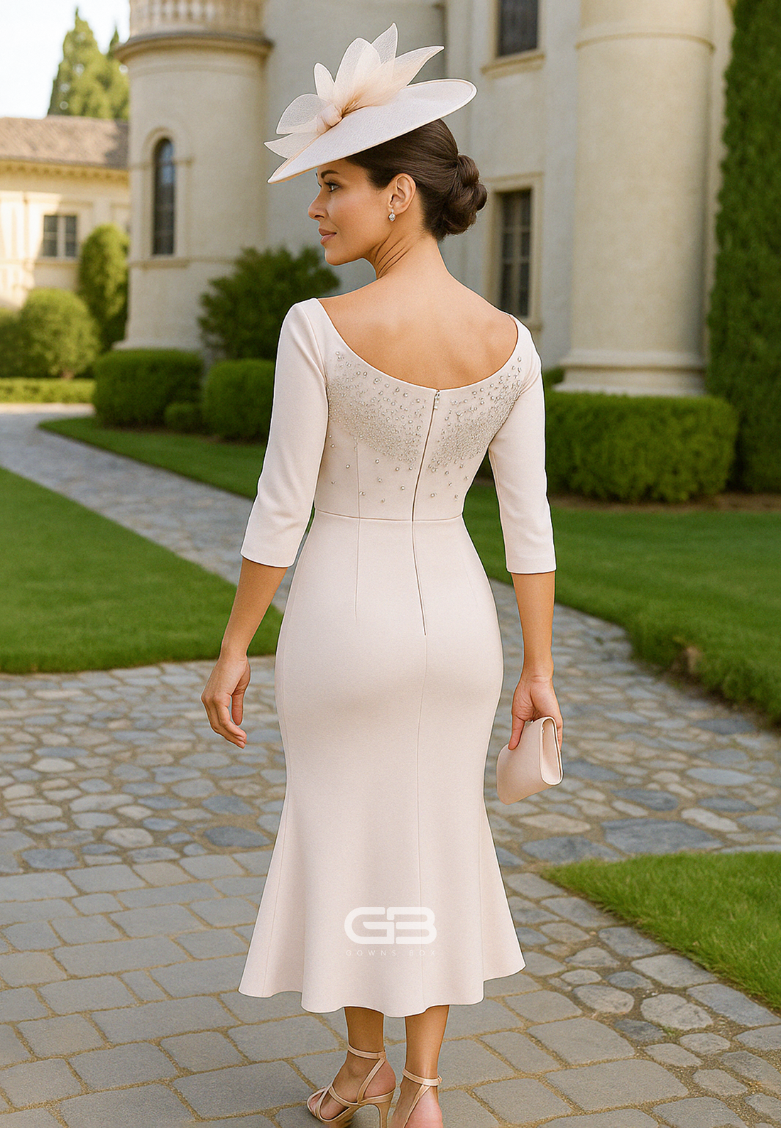 Elegant Mermaid 3/4 Sleeve Tea-Length Cocktail Dresses with Beading