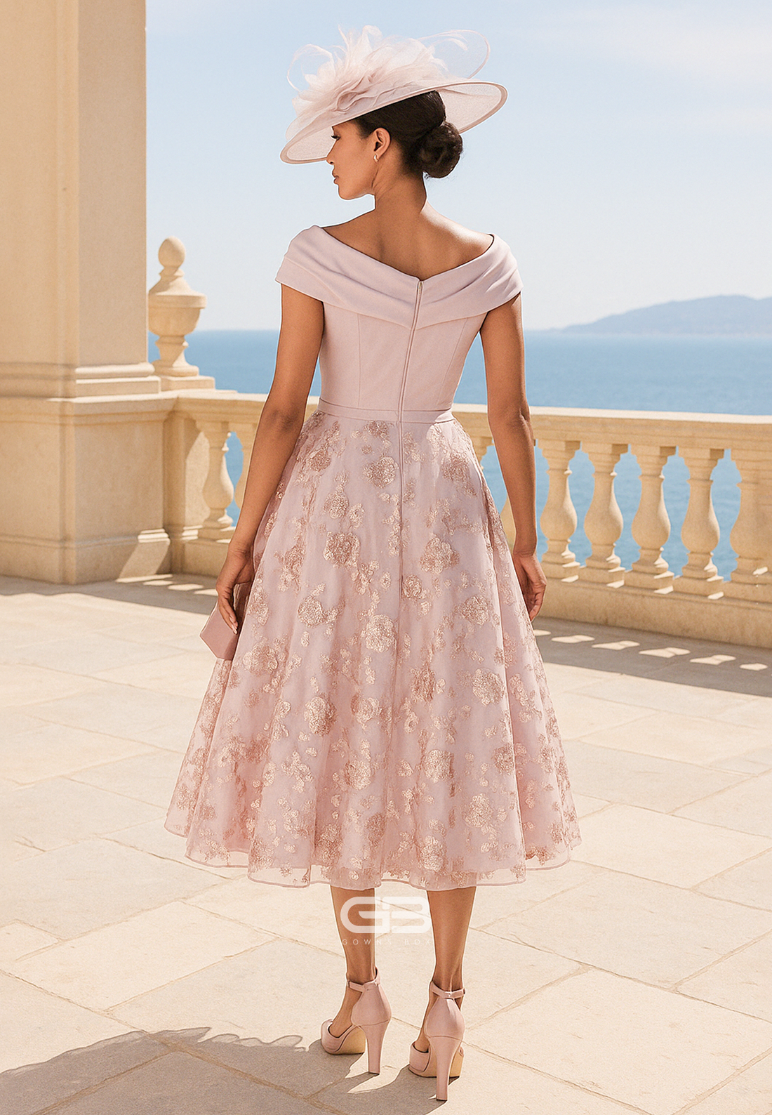 Off the Shoulder Dusty Pink Tea-Length A-Line Floral Print Mother of the Bride Dress