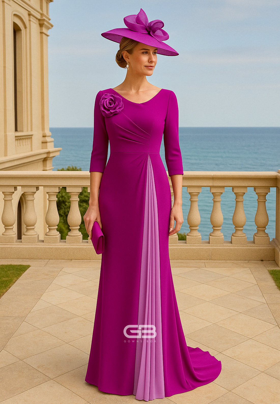 3/4 Sleeve Scoop Purple Sweep Train Trumpet Mother of The Bride Dress with Ruffles