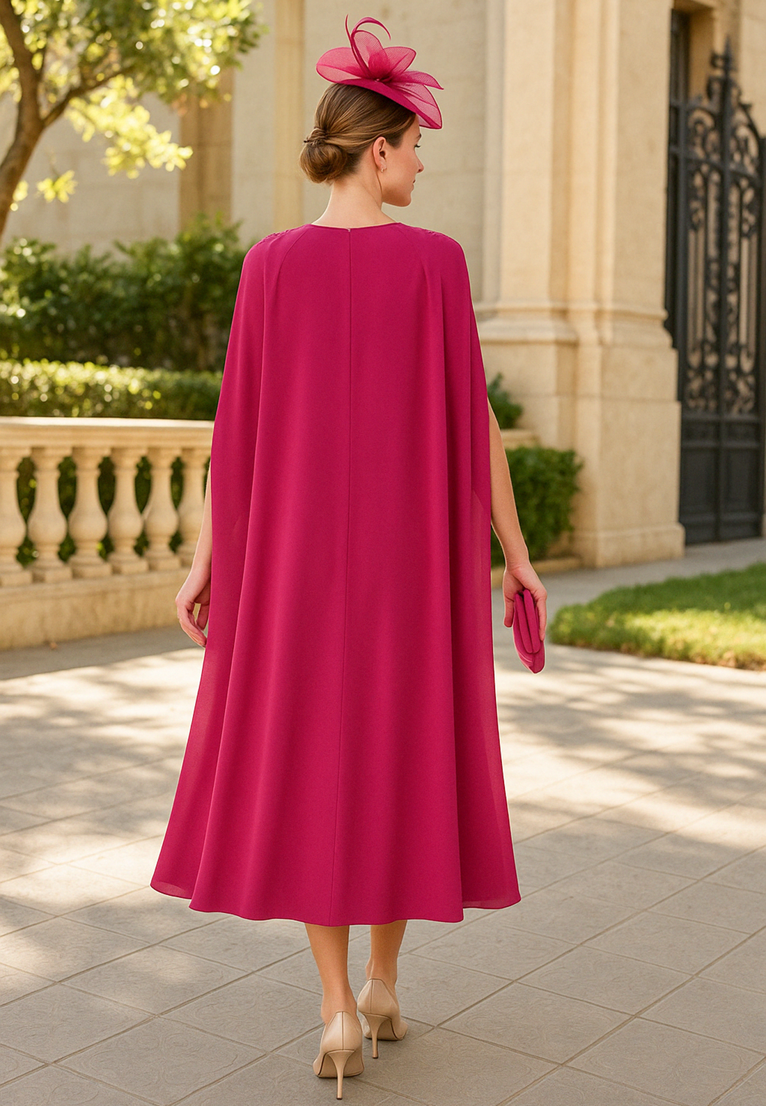 Rose Red A-Line Shoulder Flower Pleated Tea-Length Mother of the Bride Dress with Cope