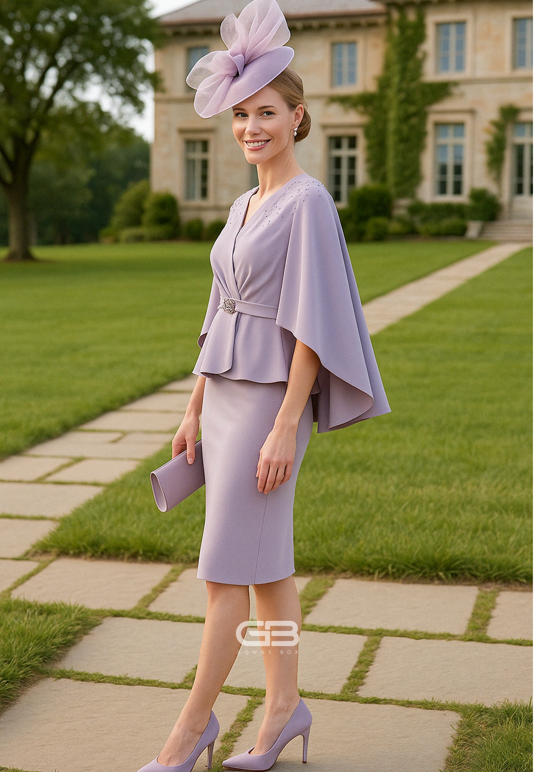 V-Neck Sheath Flutter Sleeves Cocktail Dress Knee Length Lilac Mother of the Bride Dress
